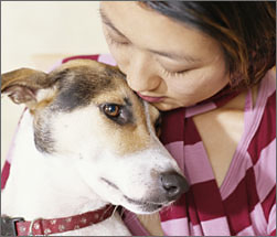 Woman holding a dog in a red collar.