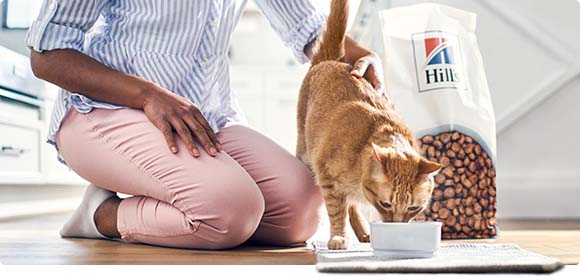 Woman in pink salmon-colored pants kneels next to orange cat eating food out of a bowl with a bag of Hill's in kitchen scene in the background.